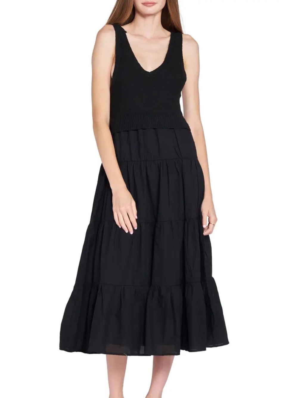 En Saison Mixed Media Tiered Midi Dress